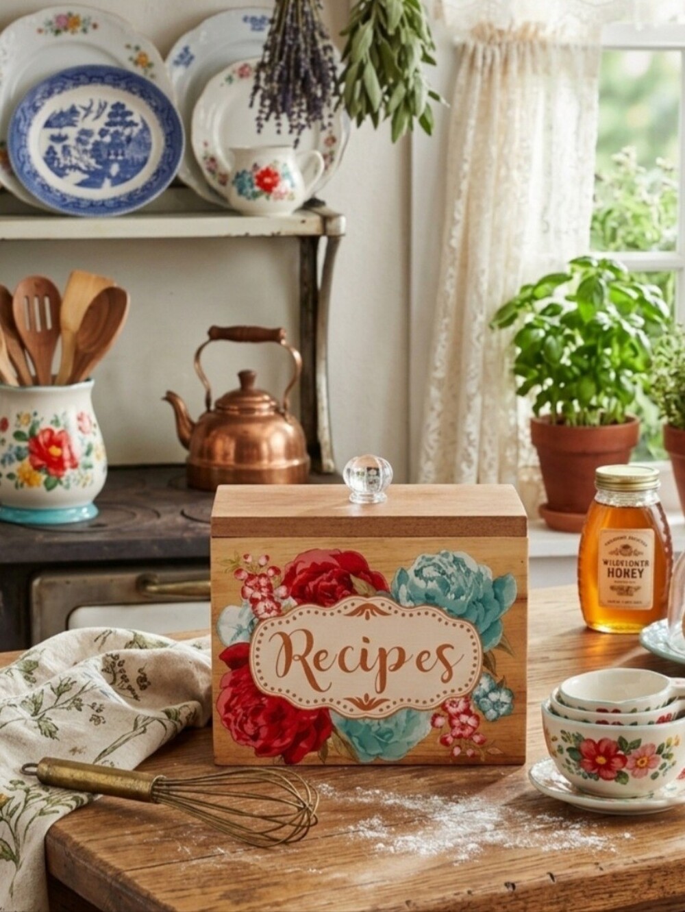 Blossom Jubilee Natural Wood Pioneer Woman Recipe Box With Lid & Crystal Knob